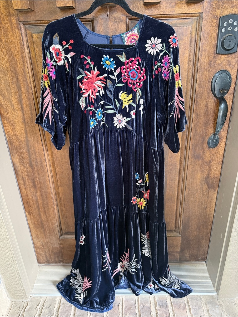 Johnny Was Navy Velvet Midi Dress with Multicolor Floral Embroidery